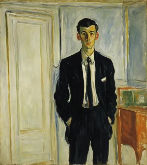 atemberaubend im Stil von Edvard Munch, Edvard Munch-Stil, Edvard Munch Kunst, Edvard Muncha Gemälde eines Mannes im Anzug, der in einem Raum steht, Edward Munch, von Edvard Munch, von Gustaf MunchPetersen, von Lovis Corinth, von Munch, Valentin Serov-Stil, by Erich Heckel, inspired von Gustaf MunchPetersen, von Chaim Soutine, by Max Beckmann, by Oskar Kokoschka . Preisgekrönt, Fachmann, sehr detailliert