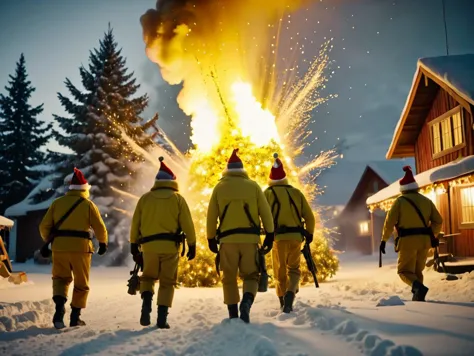 cinematic film still Mistletoe Mercenaries, yellow team is on the move to capture santa's workshop on the north pole, guns blazi...