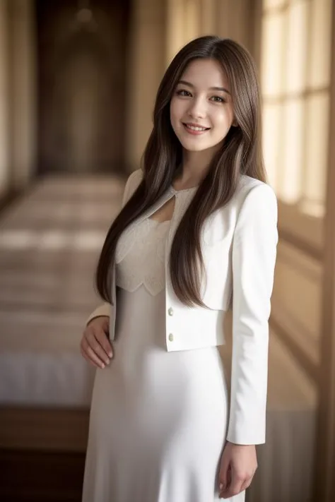 a woman in a white dress and jacket posing for a picture