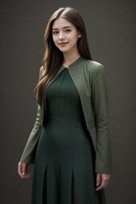 a woman in a green dress and jacket posing for a photo