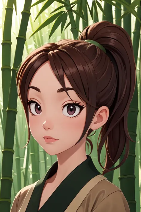 Best quality, masterpiece,  1girl,brown hair,ponytail, solo ,glossy eyes,bamboo forest background,<lora:xq:1>,  <lyco:GoodHands-...