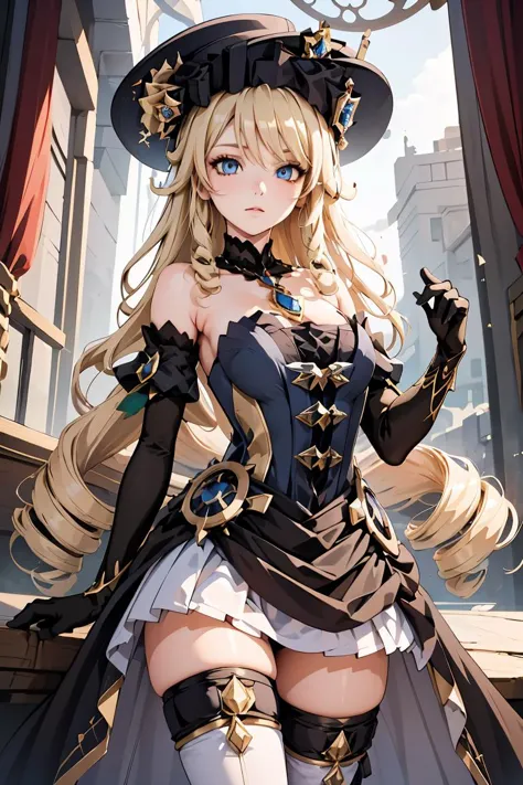 (masterpiece, best quality), 1girl,  navia,long hair,blonde hair,hat, witch hat,blue eyes,dress,bangs,black headwear,gloves,bare shoulders,flower,jewelry,thighhighs,black gloves,drill hair,detached sleeves,