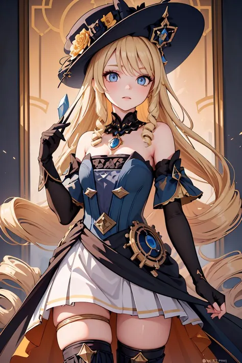 (masterpiece, best quality), 1girl,  <lora:navia:1> ,navia,long hair,blonde hair,hat, witch hat,blue eyes,dress,bangs,black head...