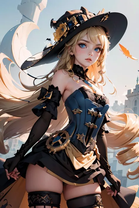 (masterpiece, best quality), 1girl,  <lora:navia:1> ,navia,long hair,blonde hair,hat, witch hat,blue eyes,dress,bangs,black head...