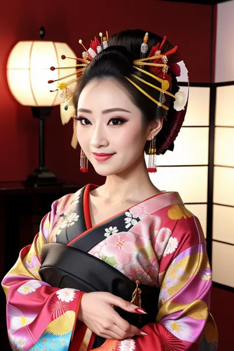 a close up of a woman in a kimono with a lamp