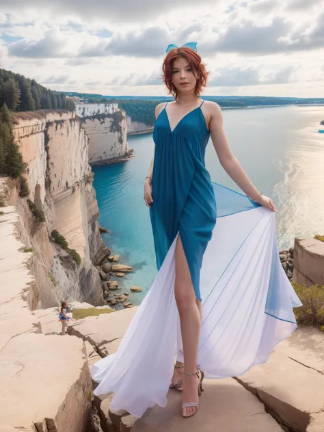 arafed woman in a blue dress standing on a cliff overlooking a body of water