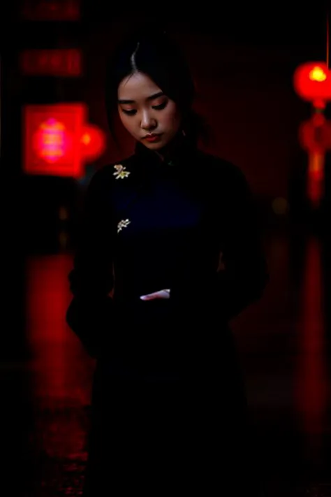 arafed woman in a black dress standing in a dark room