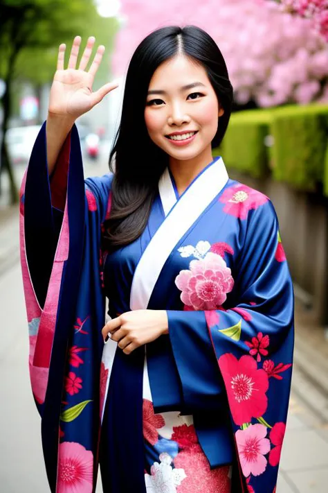 a woman in a kimono is waving and smiling