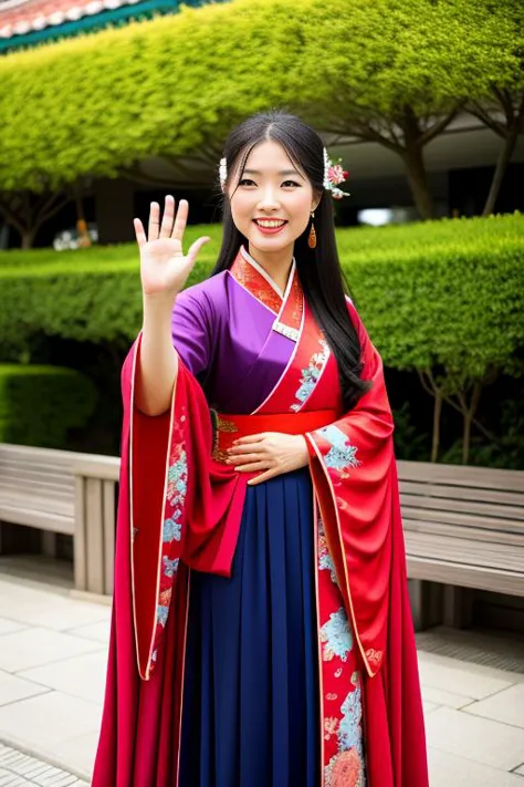 a woman in a red and blue dress is waving