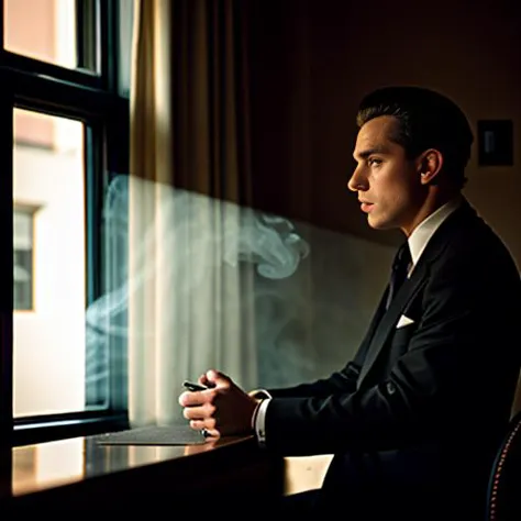 arafed man in a suit sitting at a table with a cup of coffee