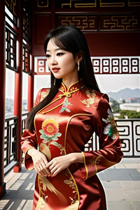 a close up of a woman in a red dress standing in a building