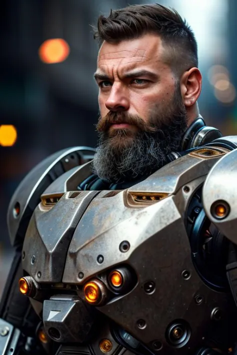 Portrait photo of muscular bearded guy in a worn mech suit, ((light bokeh)), intricate, (steel metal [rust]), elegant, sharp focus, photo by greg rutkowski, soft lighting, vibrant colors,((streets)), (detailed face),(masterpiece:1.2) and (best quality:1.2)...