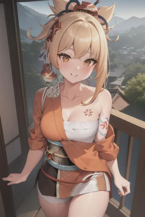 (standing),(orange eyes), (upper body:1.5), (grin:0.8), (looking at viewer:1.2), (close up),, 1 girl, absurdres, arm tattoo, bandages, bangs, blonde hair, smiling, yoimiya's clothes, red clothes, kimono, medium breasts, blush, full body, bandage in legs, h...