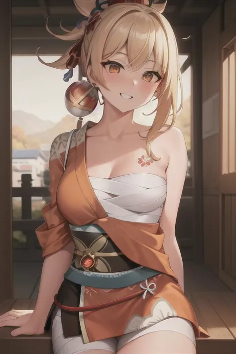 (standing),(orange eyes), (upper body:1.5), (grin:0.8), (looking at viewer:1.2), (close up),, 1 girl, absurdres, arm tattoo, bandages, bangs, blonde hair, smiling, yoimiya's clothes, red clothes, kimono, medium breasts, blush, full body, bandage in legs, h...