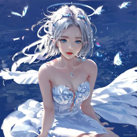 anime girl with white hair and blue eyes sitting on the ground