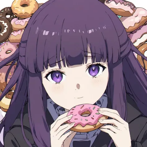 Un anime télévisé représentant une femme aux yeux et aux cheveux violets portant un manteau noir en train de manger un beignet. 