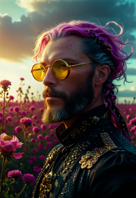 a man with pink hair and sunglasses standing in a field of flowers