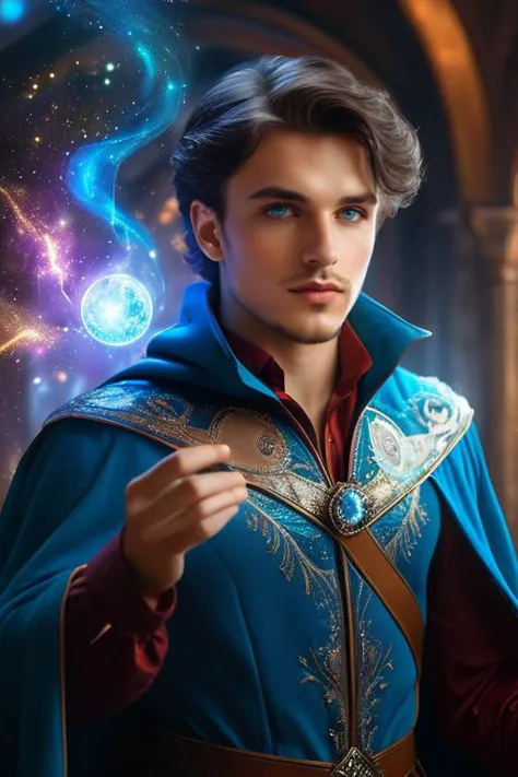 a man in a blue cloak holding a magic wand