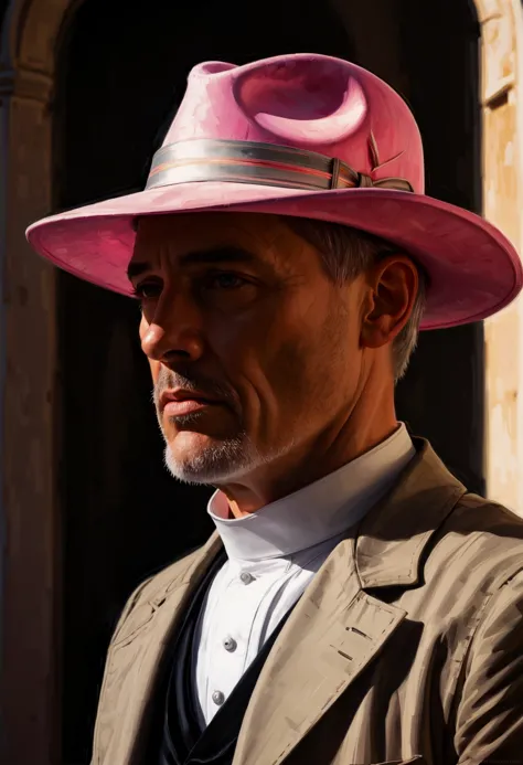 arafed man in a pink hat and a suit standing outside