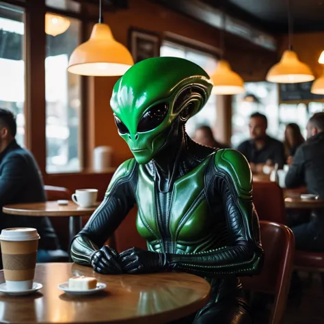 alien woman in green leather suit sitting at a table with a cup of coffee