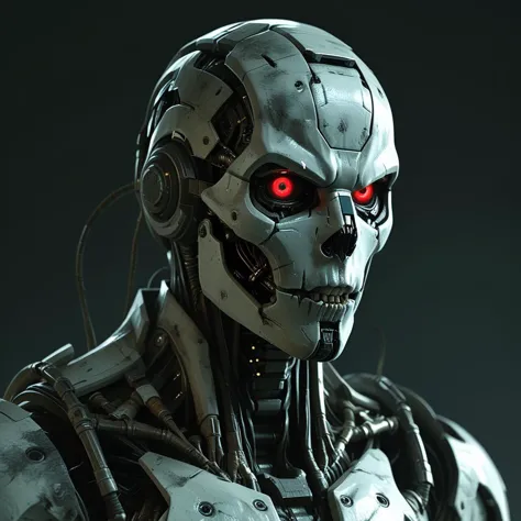 a close up of a robot with red eyes and a metal body