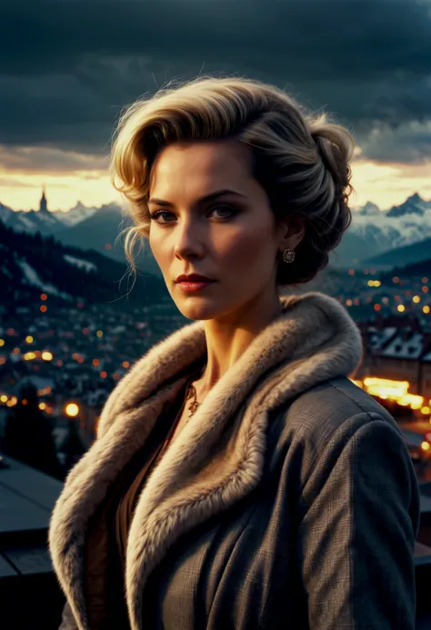 a woman in a fur coat standing on a roof with a city in the background