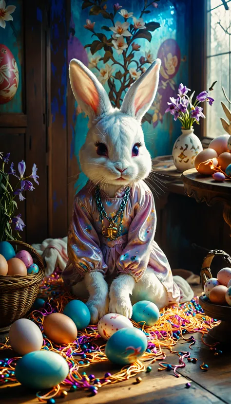 there is a white rabbit sitting on a table with easter eggs