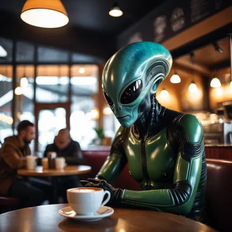 alien woman in green leather suit sitting at a table with a cup of coffee