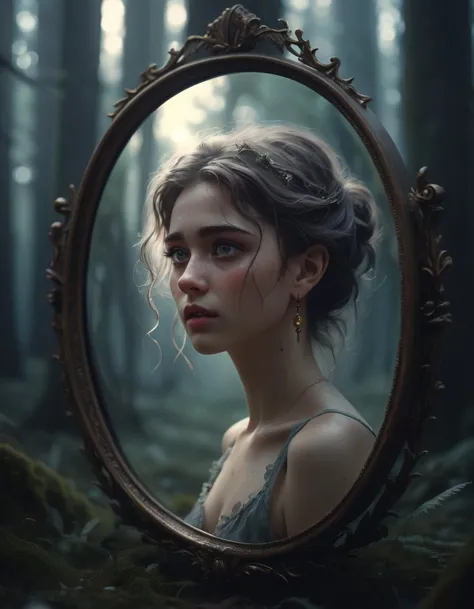 a woman looking into a mirror in a forest