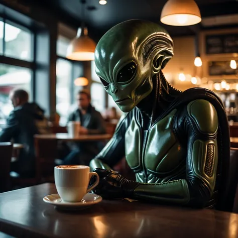 a close up of a person in a green alien suit sitting at a table