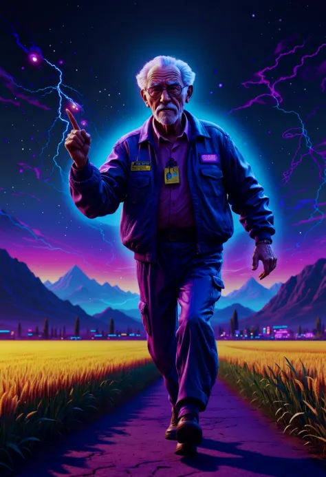 concept art retro cyberpunk stylized by Pixar, digital art, Ghastly small (Grandpa:1.3) , the Grandpa is Running, hyper detailed, Pointing at you, field, in focus, Illustration, Post-Rock, cinematic lighting, Depth of field 100mm, Navy Blue neon hue, National Geographic, lots of details, The image captures a heartwarming scene from Pixar's animated film featuring Grandpa. The stylization of the character is reminiscent of post-rock illustrations with cinematic lighting that adds depth to the scene. The Grandpa, who appears to be in motion as he runs through a field, stands out prominently against the vibrant backdrop. His pointing gesture towards us suggests an invitation into his world. The use of navy blue neon hues lends a unique ambiance to the image. The level of detail in the illustration is truly impressive, making it a perfect fit . 80's inspired, synthwave, neon, vibrant, detailed, retro futurism . digital artwork, illustrative, painterly, matte painting, highly detailed