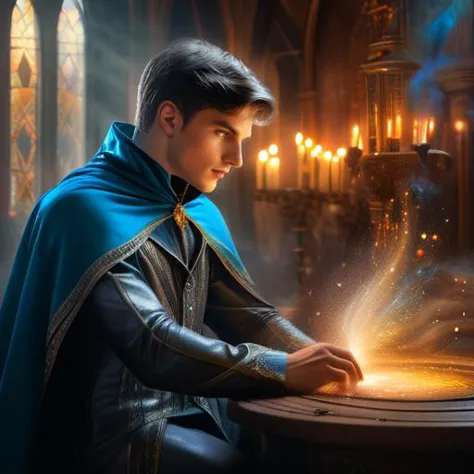 a man in a blue cape is sitting at a table with a magic spell