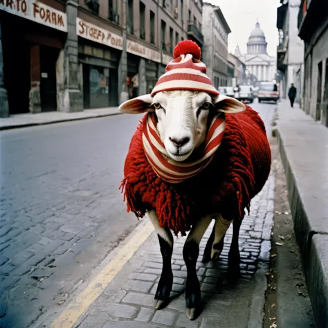 there is a sheep wearing a red and white hat and scarf