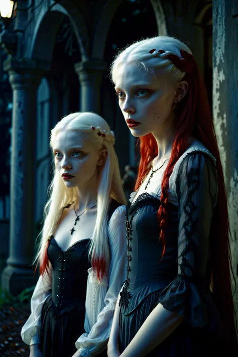 imagine, dream of, dark and dim, at night, cinematic photo cinematic film still rotund vampire twin sisters, albino, white hair,...