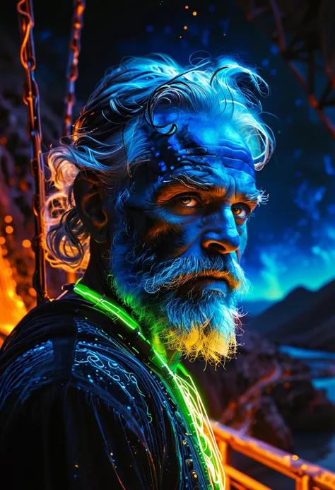 imagine, dream of, dark at night, dim light, old grizzled bearded man, art by Dan Mumford, portrait, close up of a Bollywood Dancer electric blue, bright orange, neon green, on a suspended bridge over a glowing magma river, sharp, crisp, clear, detailed, he has a Velvet Cellphone, Wide view, Flustered, Land Art, close-up, art by Dan Mumford, portrait, close up of a Bollywood Dancer electric blue, bright orange, neon green, on a suspended bridge over a glowing magma river, sharp, crisp, clear, detailed, he has a Velvet Cellphone, Wide view, Flustered, Land Art, close-up