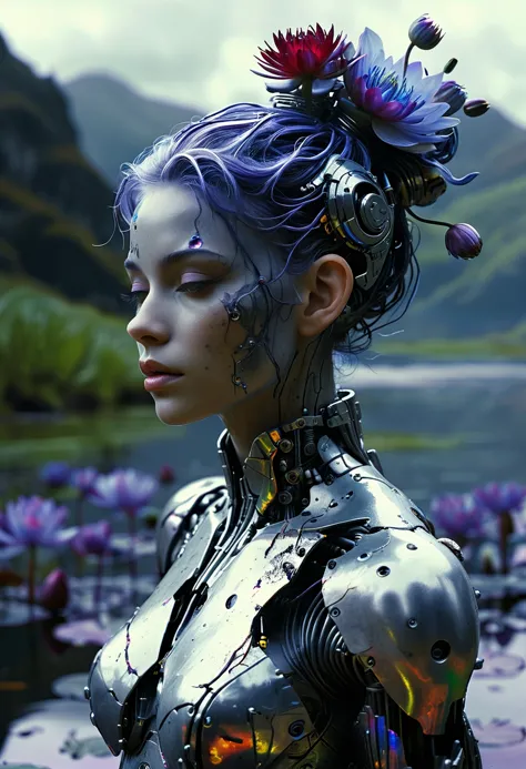 imagine, dream of, Cosplay Photograph, Vector Art, fairy tale, (rc-scene, style of guido argentini, pureerosface_v1, amazing quality, masterpiece, best quality, hyper detailed, ultra detailed, uhd, dof, hyper-realism, majestic, awesome, inspiring, create a highly detailed photo of a silver painted mechanical woman like half human half robot: cyborg, with a large towering messy hairbun with translucent blueish purple water lilies are billowing out from the top. camo-black large cape and high collar argyle bodysuit, eerie sunrise in a rugged, scenic lake landscape., piercing the murky gloom.. cinematic composition, soft shadows, national geographic style, neon purple, bright green, crimson red, on a battlefield frozen in time, amidst clashing armies, rich, dynamic, harmonious, intricate:1.3) Playing in an orchestra, dense vegetation, Ambient lighting, Short exposure, Canon RF, F/1.8, girl, Cosplay Photograph, Vector Art, fairy tale, (rc-scene, style of guido argentini, pureerosface_v1, amazing quality, masterpiece, best quality, hyper detailed, ultra detailed, uhd, dof, hyper-realism, majestic, awesome, inspiring, create a highly detailed photo of a silver painted mechanical woman like half human half robot: cyborg, with a large towering messy hairbun with translucent blueish purple water lilies are billowing out from the top. camo-black large cape and high collar argyle bodysuit, eerie sunrise in a rugged, scenic lake landscape., piercing the murky gloom.. cinematic composition, soft shadows, national geographic style, neon purple, bright green, crimson red, on a battlefield frozen in time, amidst clashing armies, rich, dynamic, harmonious, intricate:1.3) Playing in an orchestra, dense vegetation, Ambient lighting, Short exposure, Canon RF, F/1.8, girl