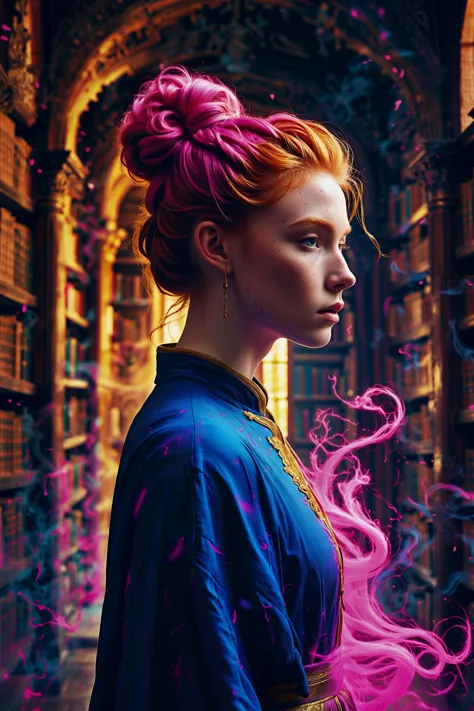 imagine, dream of, fantasy, single color, dark pink hue, tall (cobalt blue, gold, neon pink, in an ancient, enchanted library gu...