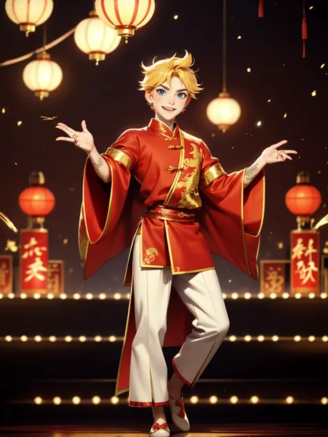 a man in a red and gold outfit standing in front of lanterns