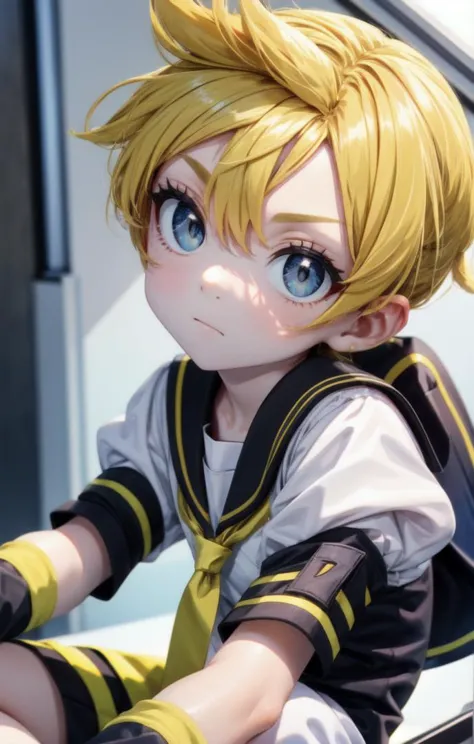 anime boy with blonde hair and blue eyes sitting on a bench