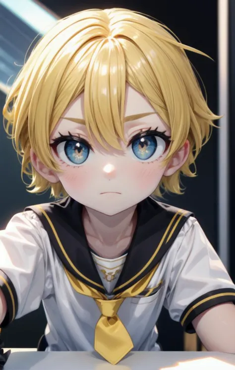 anime boy with blonde hair and blue eyes sitting at a table