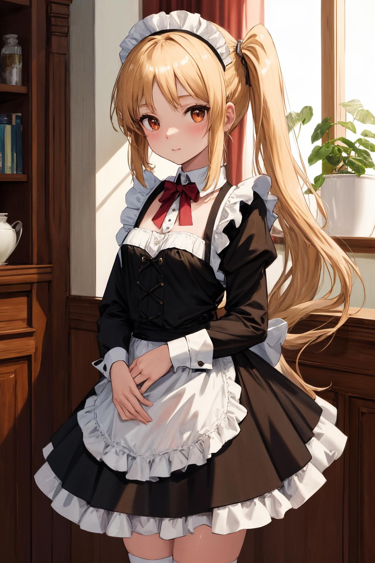 A woman in a maid outfit standing in front of a bookcase - SeaArt AI