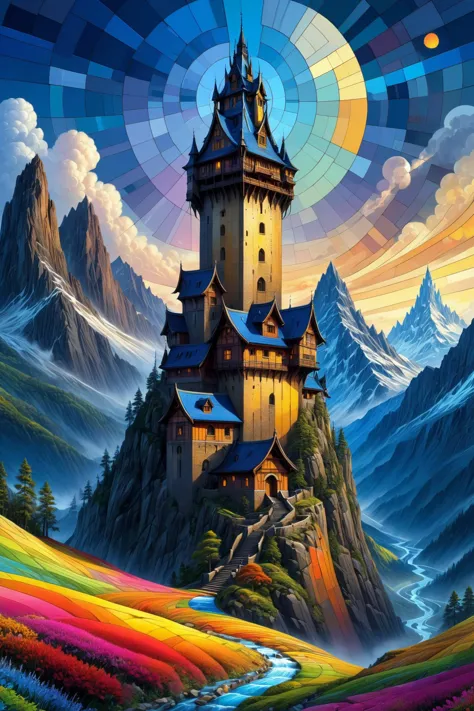 a painting of a castle in the mountains with a rainbow sky