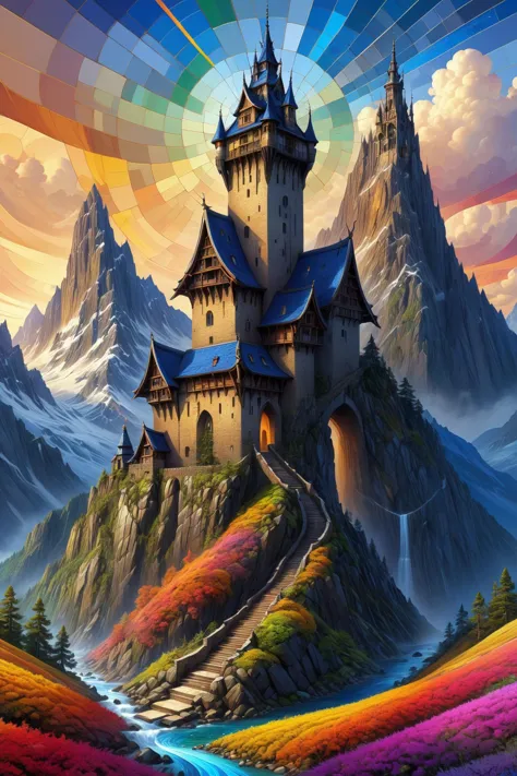 a painting of a castle on a mountain with a rainbow in the sky