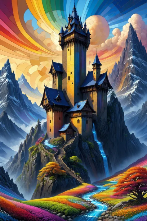 colorful mad-tilestyle, landscape, high_fantasy, mountain, mage_tower, crooked_structure, intricate_design, artist:john_howe, artist:hiro_ichi, color_palette:natural_mattes, tower_colorful, vibrant, magical, architecture_elaborate, enchantments, arcane_symbols, mystical_atmosphere, lighting_dramatic   <lora:Colorful_Tile_Style_SDXL:1.4>, (masterpiece:1.2), best quality, (hyperdetailed, highest detailed:1.2), high resolution textures