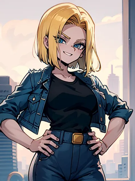 <lora:johnny_numbnutz_v2:0.7>, johnny_numbnutz, <lora:Android18:0.7>, android 18, blonde hair, blue eyes, short hair, solo, black shirt, denim jacket, jacket, hands on hips, smug, cowboy shot