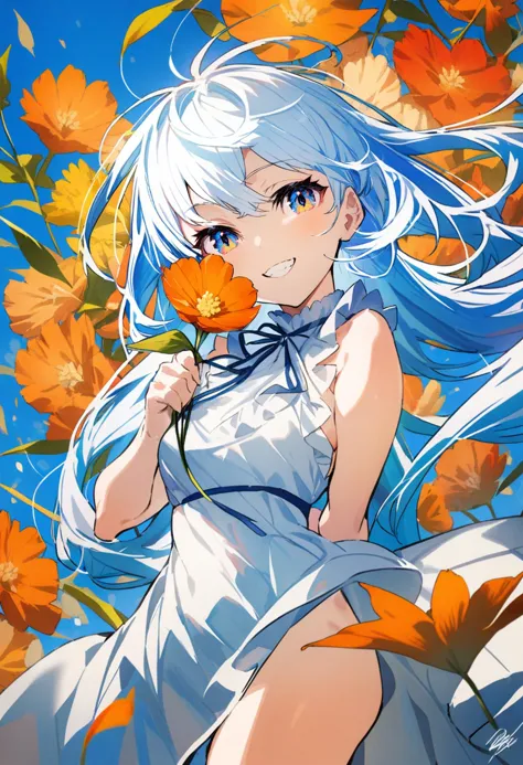 masterpiece, best quality,<lora:MikaPikaZoXL_ANI31_lokr_V4302:0.95> 1girl, solo, dress, flower, smile, holding, white dress, long hair, looking at viewer, holding flower, signature, orange flower, floating hair, grin, arm behind back, ribbon, sleeveless, blue background, multicolored eyes, bare shoulders, sleeveless dress, yellow flower, wind, hand up, teeth, cowboy shot, frills, blue sky, white hair, blue eyes, blue hair, sky