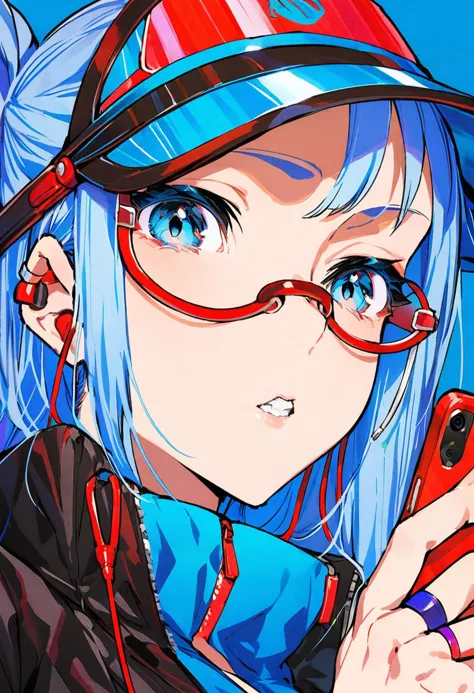 masterpiece, best quality,<lora:MikaPikaZoXL_ANI31_lokr_V4302:0.95> 1girl, solo, blue hair, blue eyes, holding, red-framed eyewear, glasses, earphones, looking at viewer, parted lips, blue background, ring, long hair, earbuds, phone, black jacket, upper body, jacket, holding phone, teeth, semi-rimless eyewear, jewelry, cellphone, portrait, high collar, visor cap, simple background