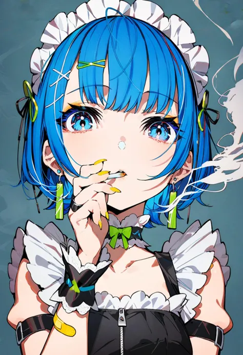 masterpiece, best quality,<lora:MikaPikaZoXL_ANI31_lokr_V4302:0.95> 1girl, solo, cigarette, blue hair, earrings, holding cigaret...