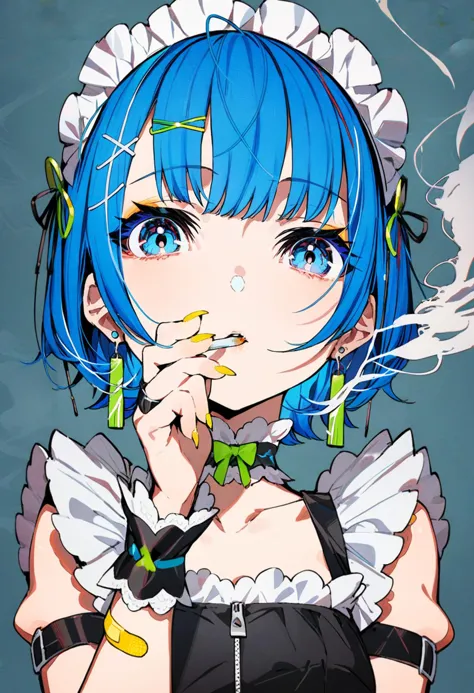 masterpiece, best quality,<lora:MikaPikaZoXL_ANI31_lokr_V4302:0.95> 1girl, solo, cigarette, blue hair, earrings, holding cigarette, jewelry, holding, blue eyes, maid headdress, looking at viewer, hair ornament, short hair, smoking, yellow nails, bandaid, wrist cuffs, maid, upper body, smoke, short sleeves, parted lips, nail polish, hairclip, collarbone, frills, fingernails, hand up, x hair ornament, zipper