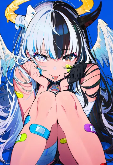 masterpiece, best quality,<lora:MikaPikaZoXL_ANI31_lokr_V4302:0.95> 1girl, bandaid, solo, black hair, horns, tongue out, tongue, long hair, wings, bandages, multicolored hair, looking at viewer, bandaid on leg, white hair, tongue piercing, piercing, sitting, split-color hair, bandaid on arm, angel wings, halo, knees up, two-tone hair, blue background, white wings, bandaid on knee, angel, :p, very long hair, bandaid on face, feet out of frame, demon horns, hands up, bandaged leg, feathered wings, bare shoulders, smile